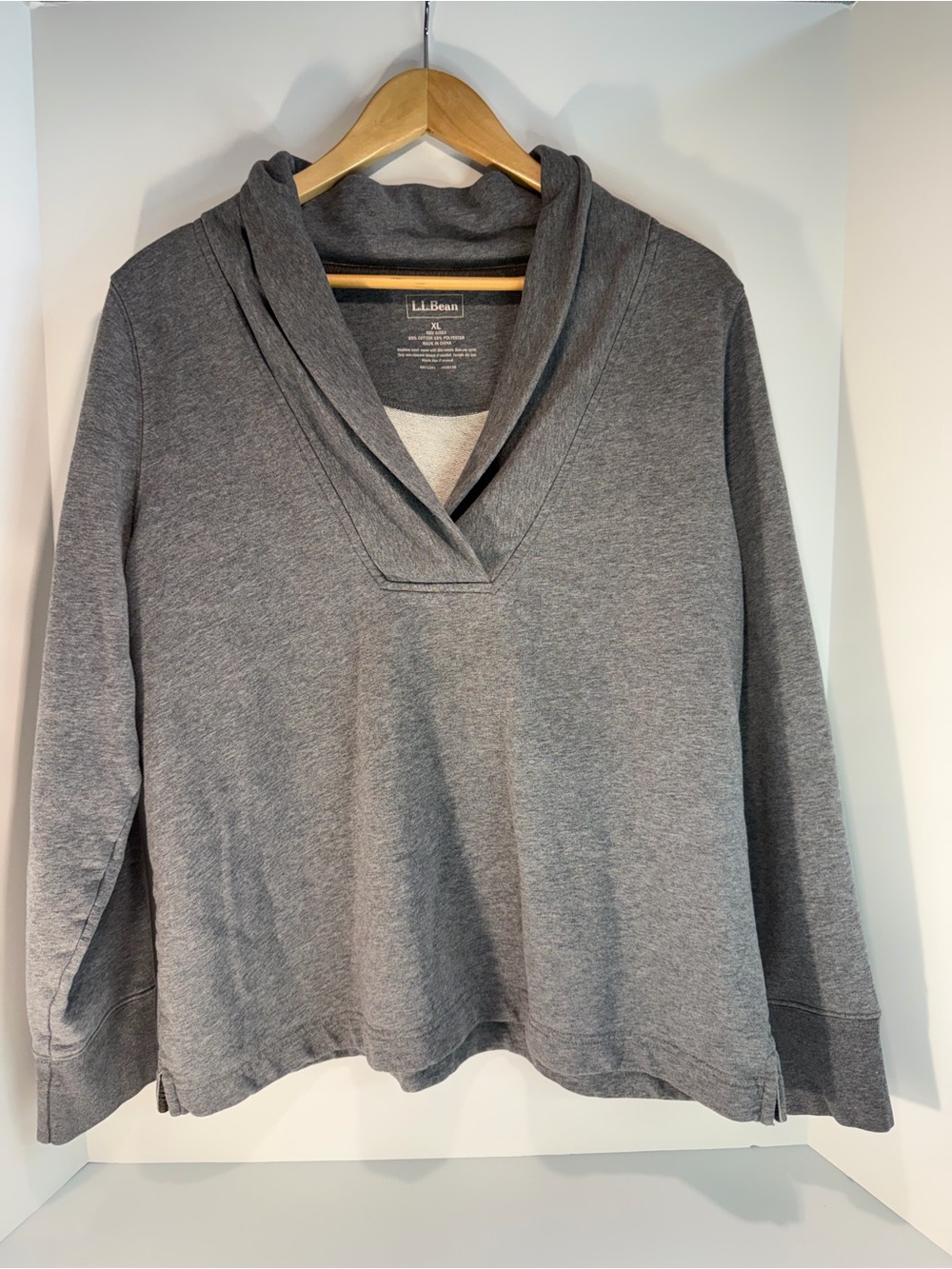 L.L.Bean women's gray sweatshirt featuring a distinctive shawl collar